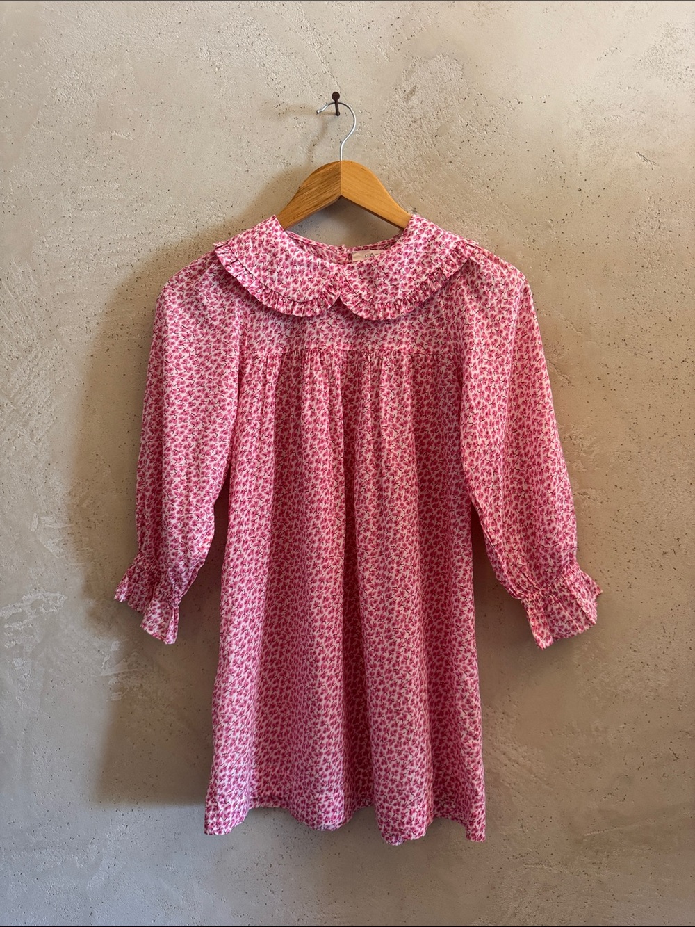 Doen Carine pink floral calico girls prairie Peter Pan Collar Long-Sleeve Dress